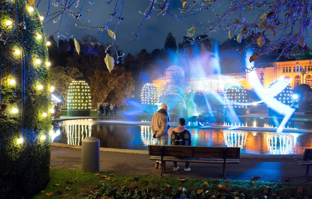 Zahlreiche Lampen illuminieren den zoologisch-botanischen Garten Wilhelma in Stuttgart.