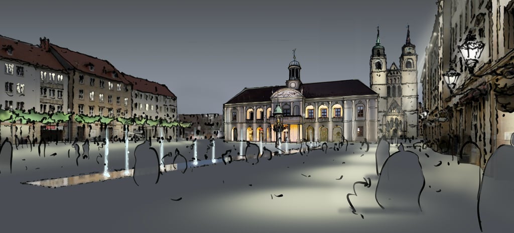 Wasserbänder mit Fontänen, neues Beleuchtungskonzept und versetzte Baumreihe – mit diesem Entwurf zur Neugestaltung des Alten Marktes machte das Büro lohrer.hochrein – Landschaftsarchitekten und Stadtplaner GmbH in einem Wettbewerb 2019 das Rennen. Im Stadtrat fiel er durch.
