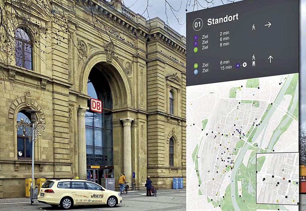 Beispielhafte Veranschaulichung für den Standort Hauptbahnhof: Neue Stelen sollen Gästen den Weg in Magdeburg weisen und mit QR-Codes weitere Informationen liefern.
