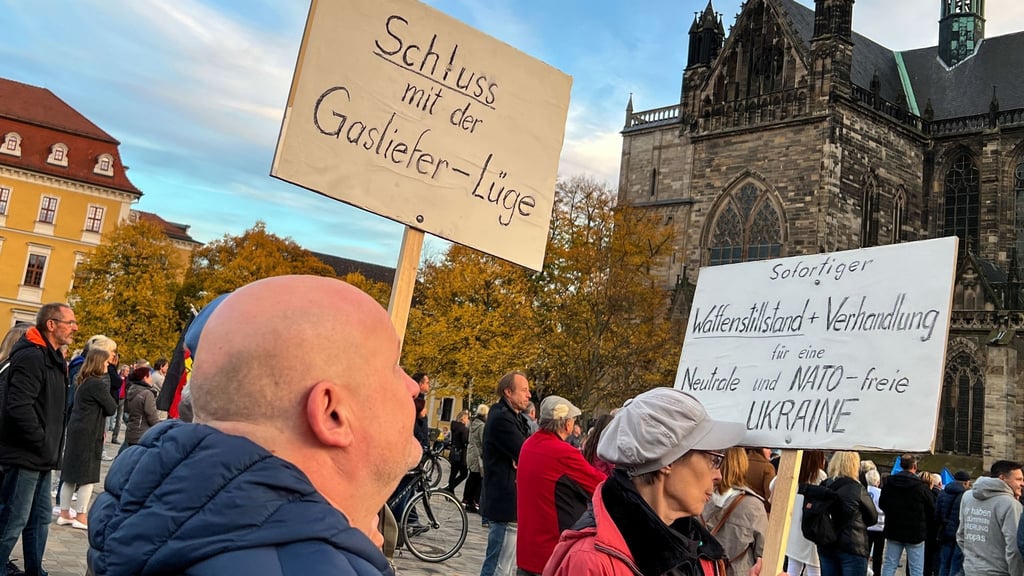„Schluss mit der Gasliefer-Lüge“ steht auf dem Schild, das ein Mann bei einer Demonstration trägt.
