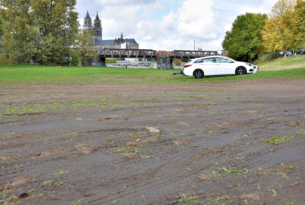 So sieht der Einfahrtsbereich für den Parkplatz auf der Elbwiese in Magdeburg aus.
