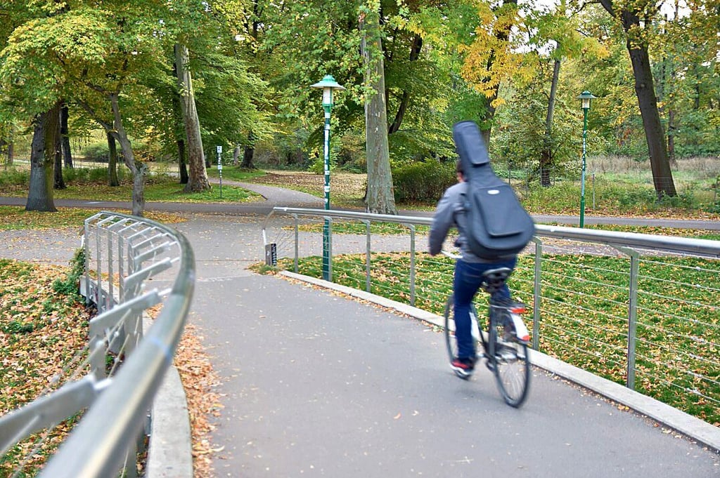 Mit teils hoher Geschwindigkeit rollen Radfahrer von der Wasserfallbrücke auf den von Autos befahrenen Seilerweg in Magdeburg hinab.