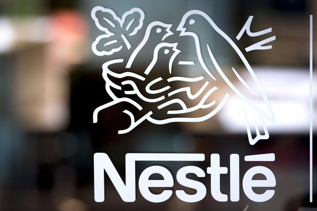 Das Nestle-Logo, aufgenommen am Rande eine Jahresbilanz-Pk des Unternehmens.
