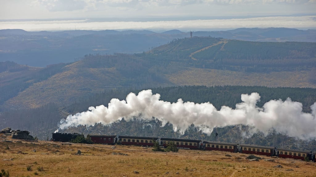 Ein Zug der Harzer Schmalspurbahn (HSB) kommt am Brocken an.