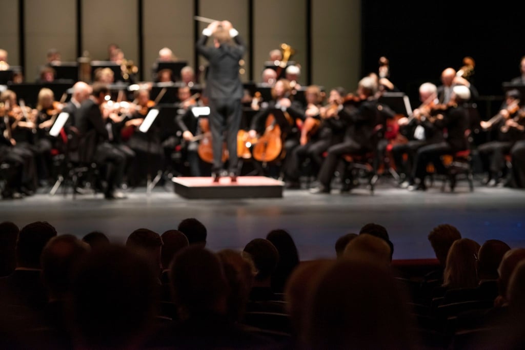 Gäste hören einem Orchester zu.