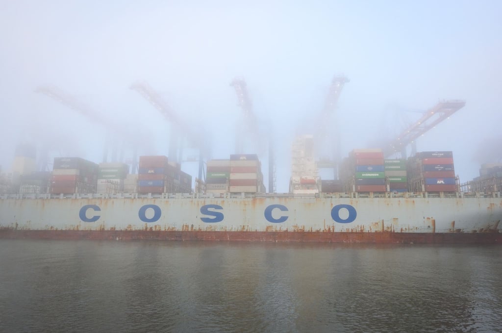 Das Containerschiff „Cosco Pride“ liegt im dichten Nebel am Containerterminal Tollerort im Hamburger Hafen.
