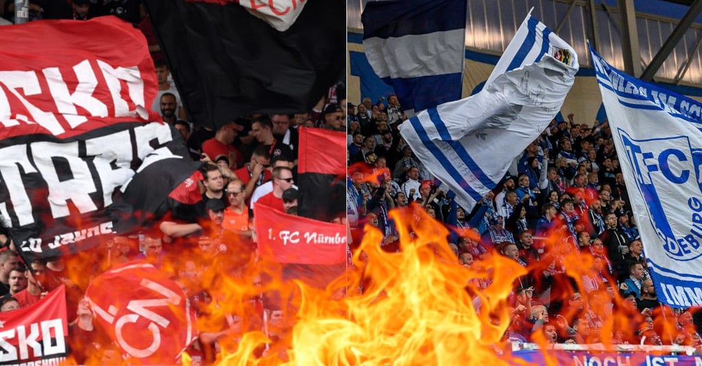 Das ist ganz schön Feuer drin: Fans des 1. FC Nürnberg und des 1. FC Magdeburg.