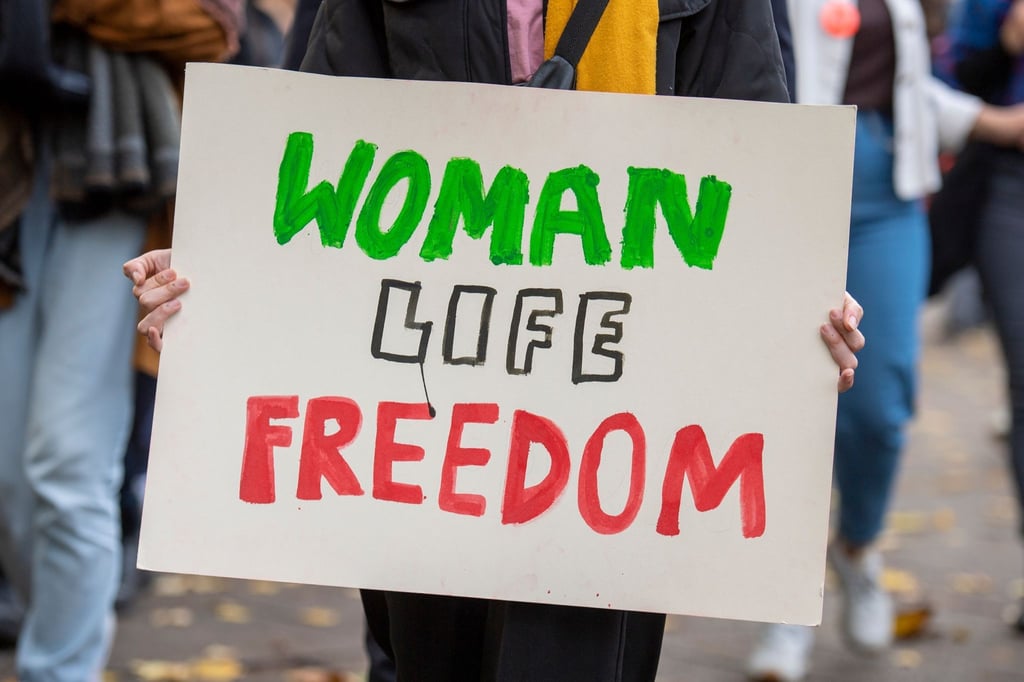 Ein Plakat mit der Aufschrift „Woman life freedom“.