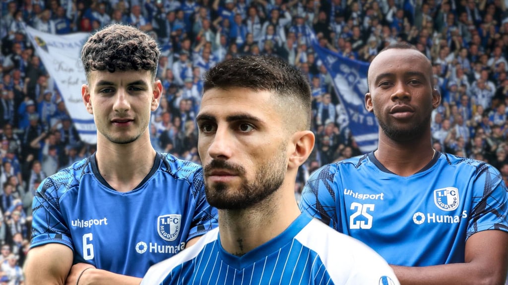 Daniel Elfadli, Cristiano Piccini und Silas Gnaka vom 1. FC Magdeburg (v.l.n.r.).