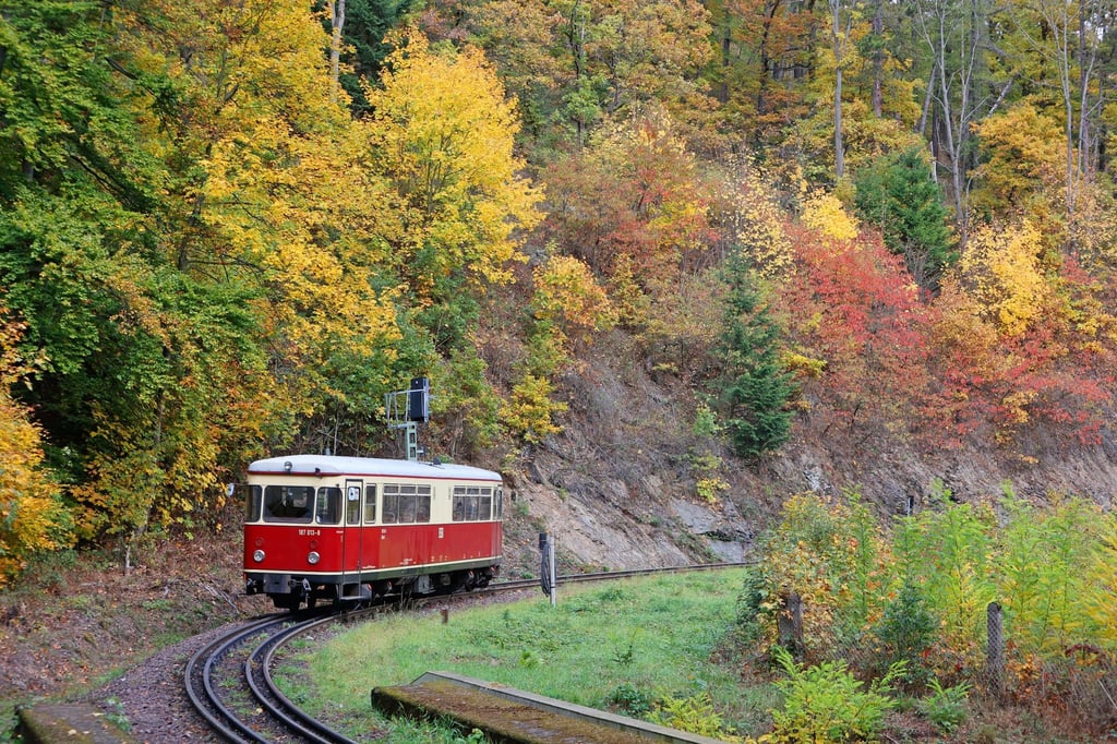 Ein Triebwagen der Harzer Schmalspurbahn fährt durch den Bahnhof Haltestelle Steinerne Renne.
