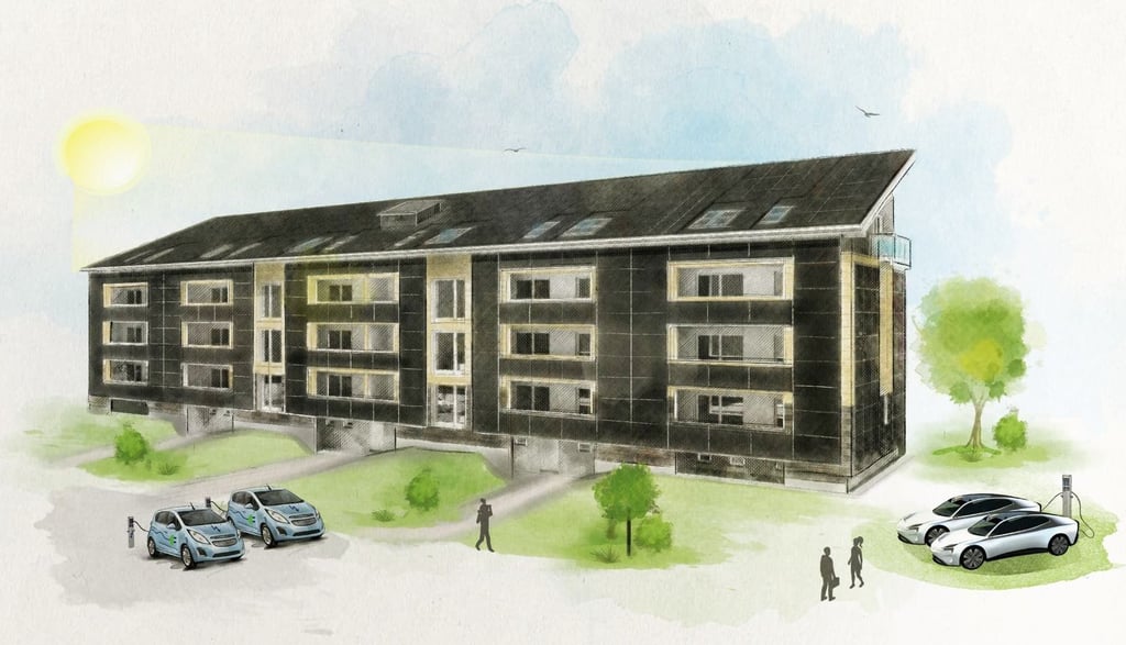 Kaum zu erkennen: Ein totalsanierter Plattenbau in Aschersleben. Geheizt wird mit Infrarot. PV-Module auf dem Dach und an den Wänden liefern den Strom