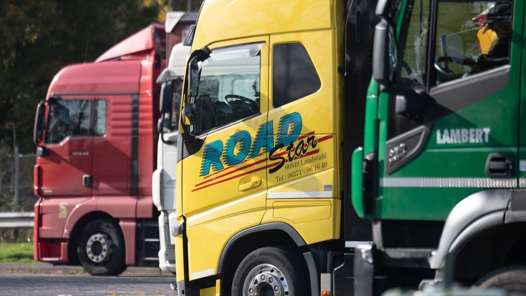 LKW stehen auf dem Parkplatz einer Rastanlage.