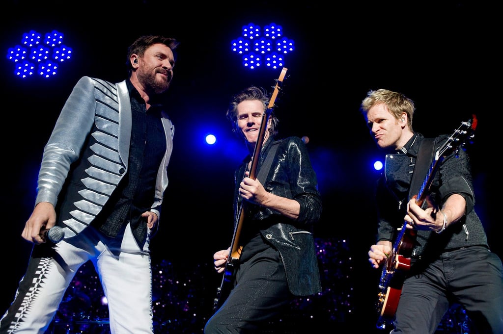 Sänger Simon Le Bon (l-r), Bassgitarrist John Taylor und Gitarrist Andy Taylor von Duran Duran 2012 in Budapest.