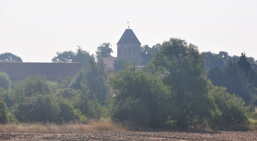 Blick auf den Magdeburger Stadtteil Alt-Olvenstedt mit der St. Laurentius-Kirche.