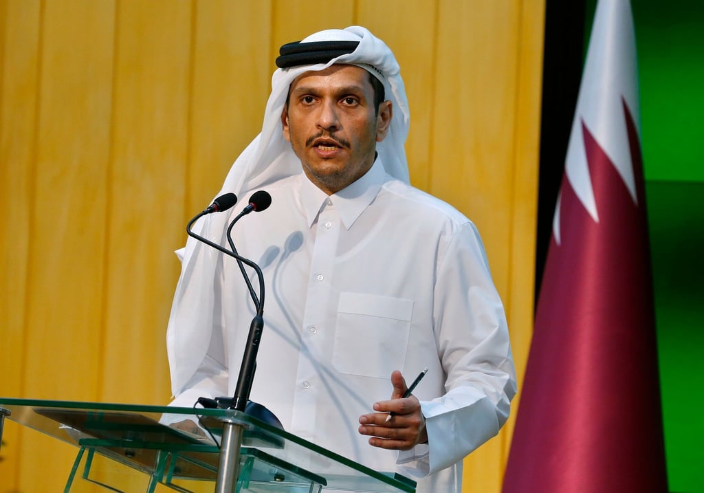 Mohammed bin Mohammed bin Abdulrahman Al Thani, Außenminister von Katar, spricht bei einer Pressekonferenz.