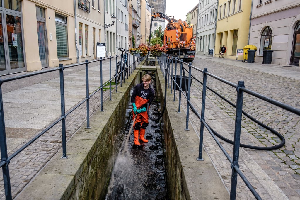 Als Teil der Fußgängerzone wird die Coswiger Straße mehrmals wöchentlich gereinigt. Regelmäßig, aber natürlich in größeren Abständen sind - wie hier - auch die offenen Bäche an der Reihe.