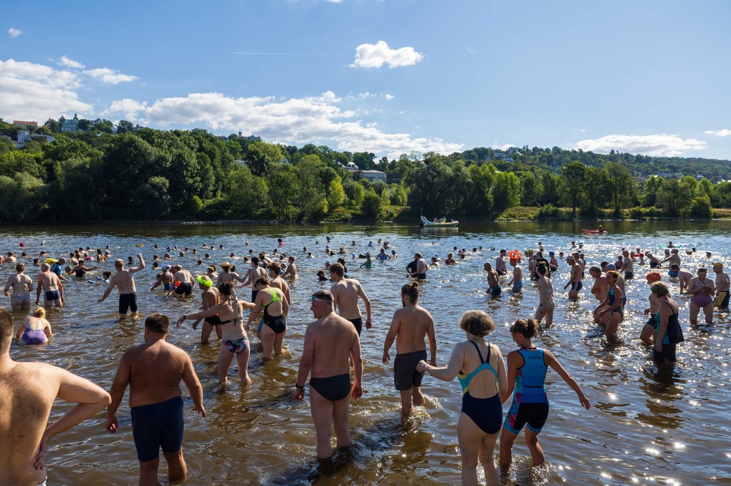August 2022 in Dresden: Rund 1800 Badelustige steigen zum 25. Elbeschwimmen am Blauen Wunder ins Wasser - Teilnehmerrekord. Dresden hält den Magdeburger Elbebadefreunden als Beispiel her. In der sächsischen Metropole ist das Bad im Fluss nicht wie in Magdeburg generell untersagt.