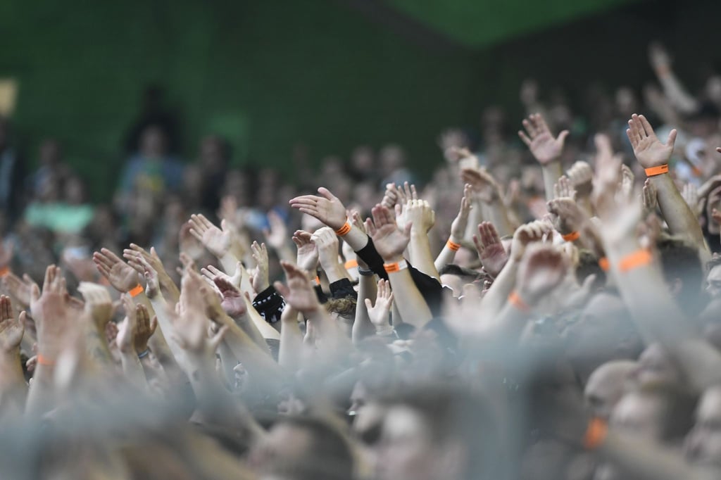 Fans jubeln im Stadion.