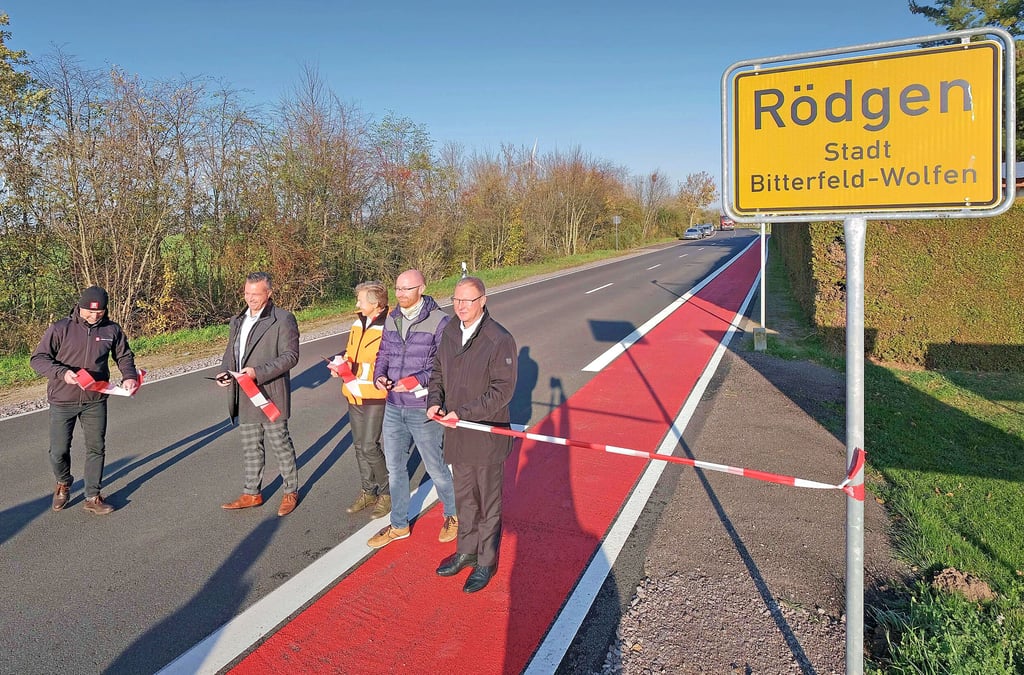 Landrat Andy Grabner (2.v.l.) und Bitterfeld-Wolfens Oberbürgermeister Armin Schenk (r.) waren bei der Straßenübergabe in Rödgen dabei.