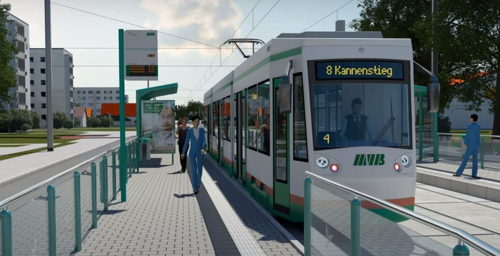 Der neue Straßenbahnhalt am Magdeburger Hermann-Bruse-Platz – so soll er einmal aussehen. Tatsächlich hakt es enorm beim Ausbau der neuen Trasse durch das Neustädter Feld. Schon 2017 gestartet dauert er an und verursacht enorme Mehrkosten.
