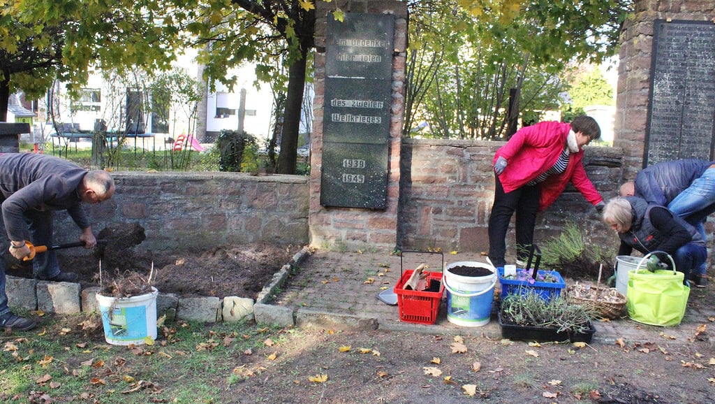 Dietmar Schrenke, Kathrin Jerchel, Gudrun und Helmut Klinzmann (v. l.) legen letzte Hand an, um das Ehrenmal auf dem Behnsdorfer Friedhof wieder auf Vordermann zu bringen. Kathrin Jerchel hatte die Idee und scheute keine Mühen, um das Projekt umzusetzen.