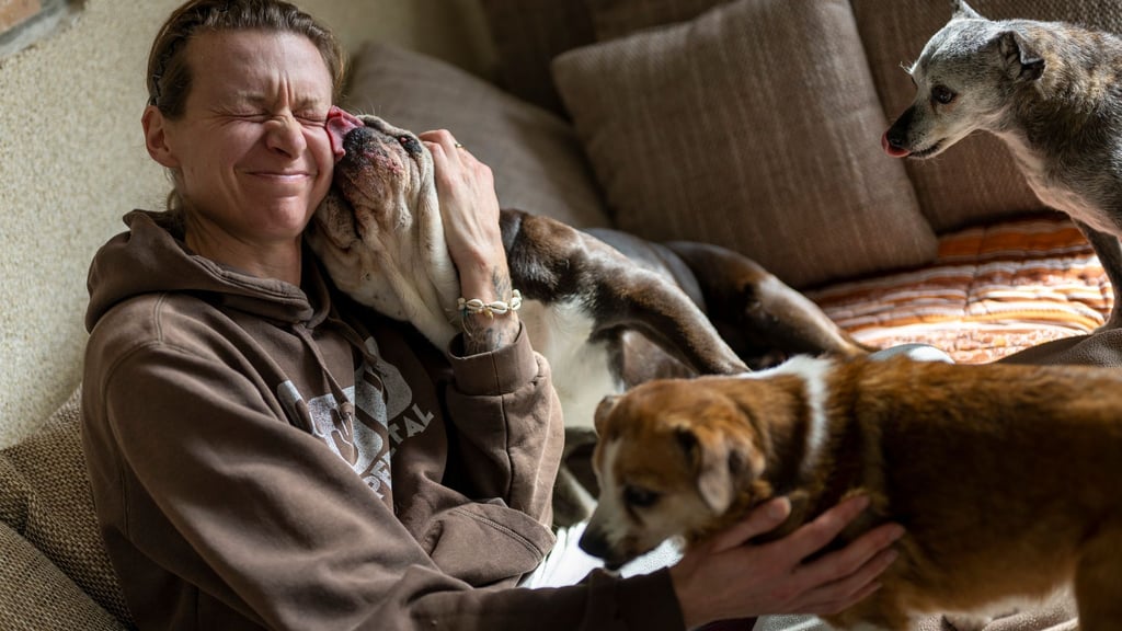 Stephanie Badura sitzt auf dem Sofa in ihrem Wohnzimmer und kuschelt mit ihren Pflegehunden.