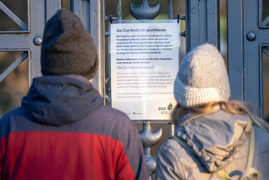 Besucher lesen den Aushang am geschlossenen Tor am Eingang zum Berliner Zoo.