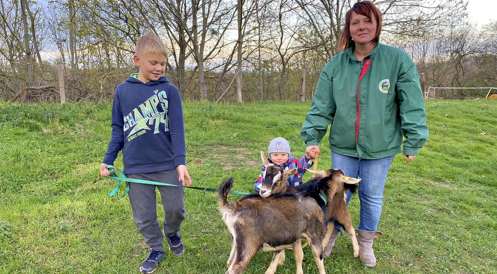 Die Söhne Ben (links) und Basti sind ins Hofgeschehen komplett integriert. Sie helfen Mama Nancy Hecht beispielsweise beim Reinbringen der Ziegen.
