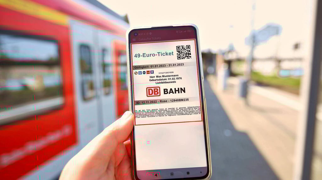 Diese Fotomontage zeigt, wie das bundesweite 49-Euro-Ticket auf dem Smartphone-Bildschirm aussehen könnte. Oben rechts ist ein QR-Code, der in Bus und Bahn im Harz noch nicht eingelesen werden kann.