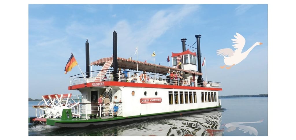 Eine Foto-Montage vom Arendsee Schiff Queen und dem neuen Maskottchen Agathe.