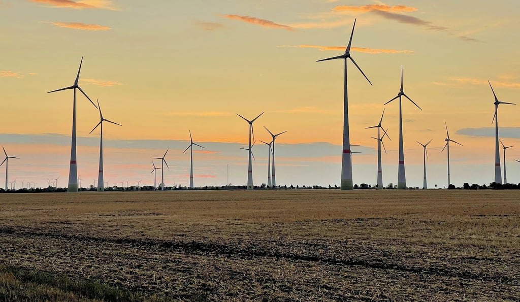 Windräder auf einem Acker kurz vor Atzendorf im Sonnenuntergang. Die Region ist prädestiniert für regenerative Energien. Grüner Wasserstoff soll im Landkreis produziert werden. Dazu strebt der Kreis eine Partnerschaft mit einer kalifornischen Stadt an.