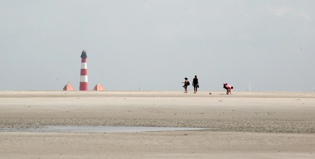 Spaziergängerinnen und Spaziergänger gehen bei Ebbe im Watt vor Westerheversand spazieren.