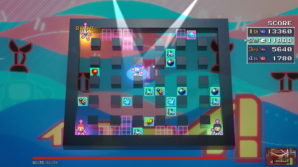 Kleiner Bomber im Spotlight: So wird in „Amazing Bomberman“ klar, welcher Spieler gerade vorne liegt.