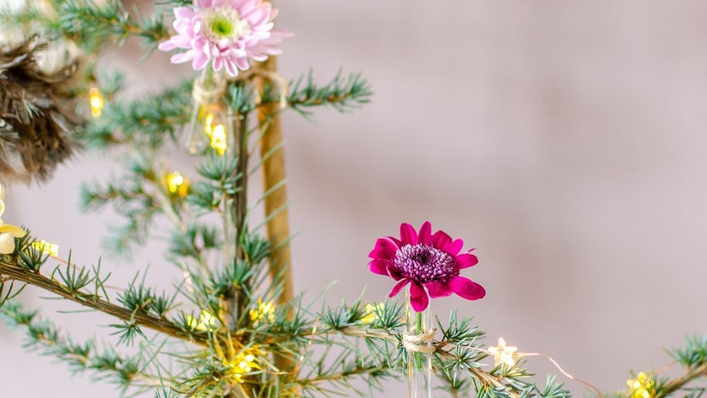 Wer es bunt am Baum mag, kann auch Chrysanthemen an die Zweige hängen. Dafür braucht man nur Bindfaden und Blumenröhrchen.