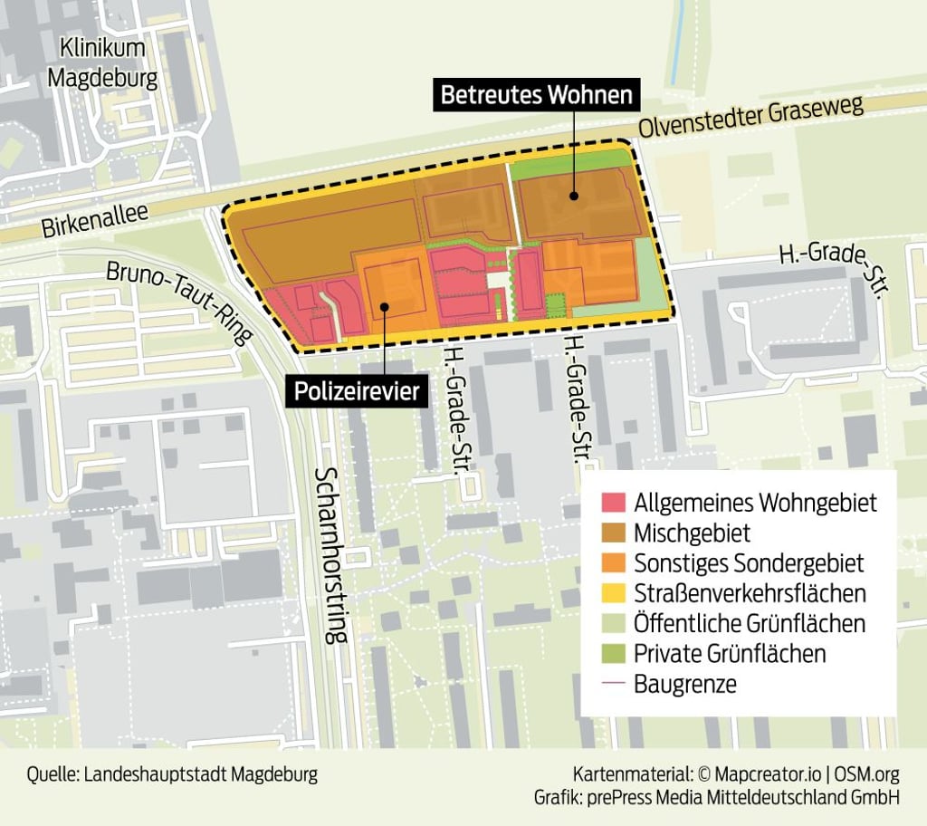 Neben dem Magdeburger Polizeirevier sollen neue Reihenhäuser entstehen.