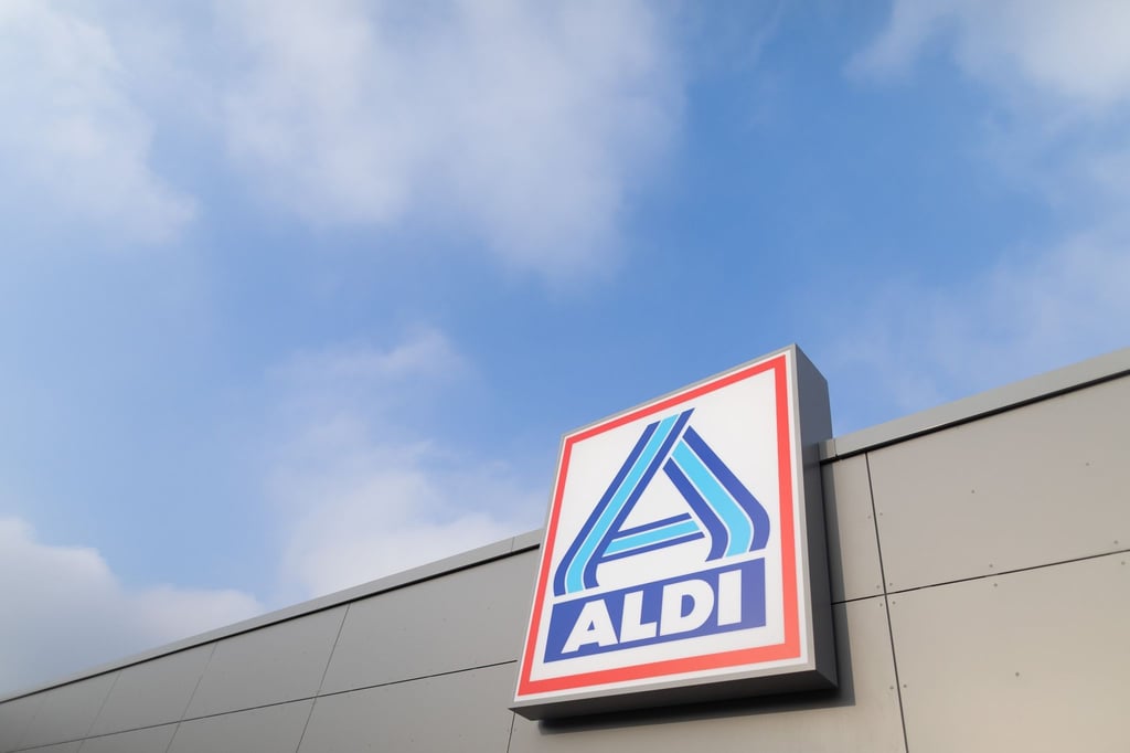 Blick auf ein Firmen-Logo von Aldi Nord.