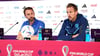 Englands Trainer Gareth Southgate (l) und Kapitän Harry Kane bei der Pressekonferenz in Doha.
