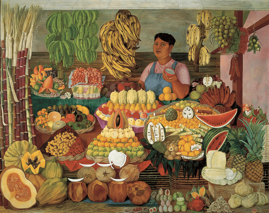 Melonen, Birnen, Kokosnüsse: Die Obstverkäuferin, gemalt von Olga Costa im Jahr 1951