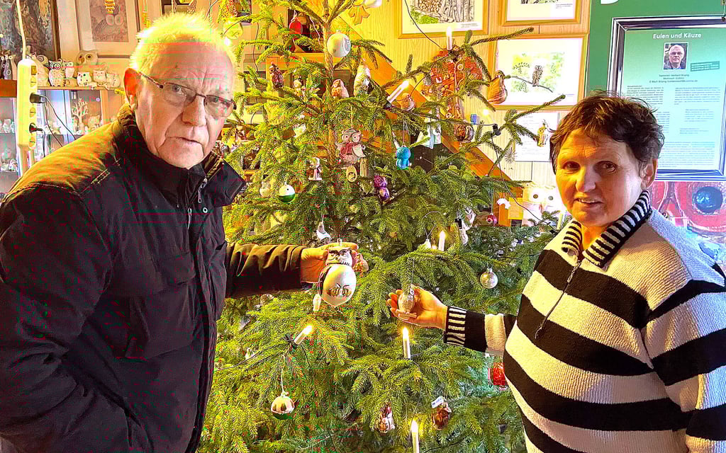 Die Eulen-Ausstellung im Museumshof in Colbitz präsentiert knapp 8000 Sammlerstücke. Leiter Herbert Bilang und Mitarbeiterin Petra Klebe sorgen derzeit dort für weihnachtliche Stimmung, indem sie einen Baum nur mit Eulen behängen.