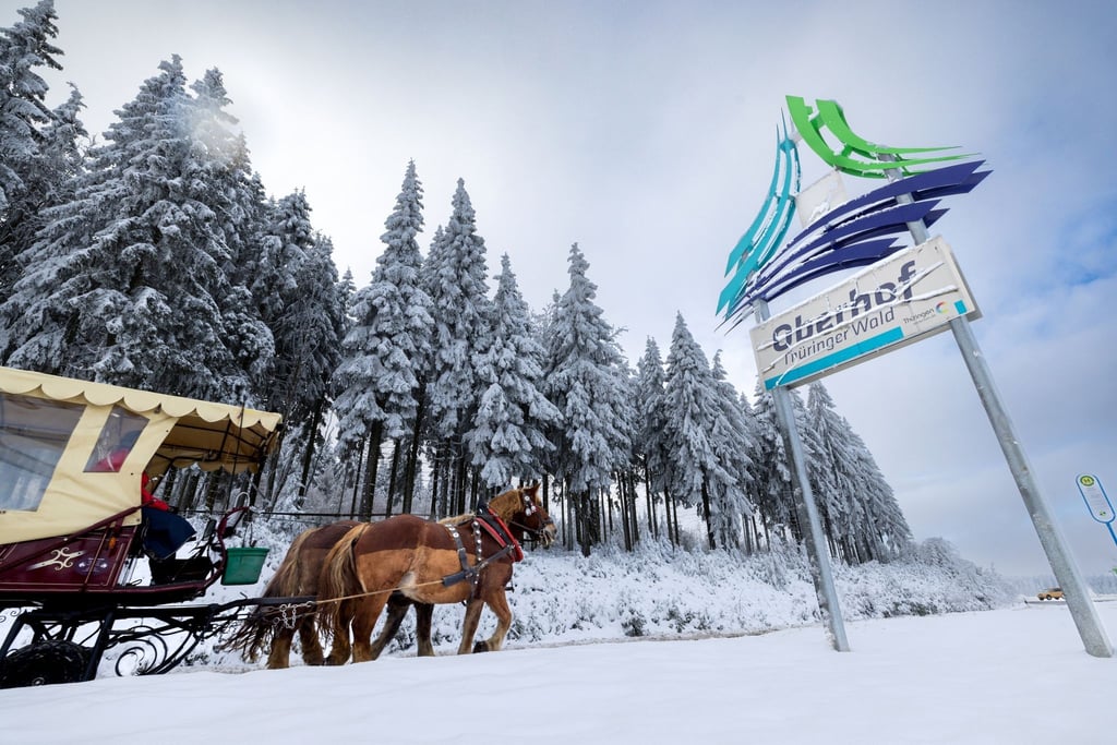 Eine Pferdekutsche fährt an einem Schild vorbei, das für Oberhof im Thüringer Wald wirbt.