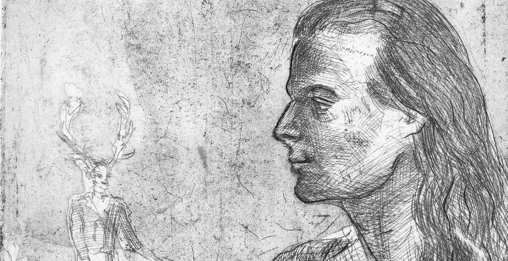 Mann aus dem Mansfeld: Novalis – Dichter und Ingenieur, Schwärmer und Polemiker. Radierung (Ausschnitt) von Sven Großkreutz zum Novalis-Buch