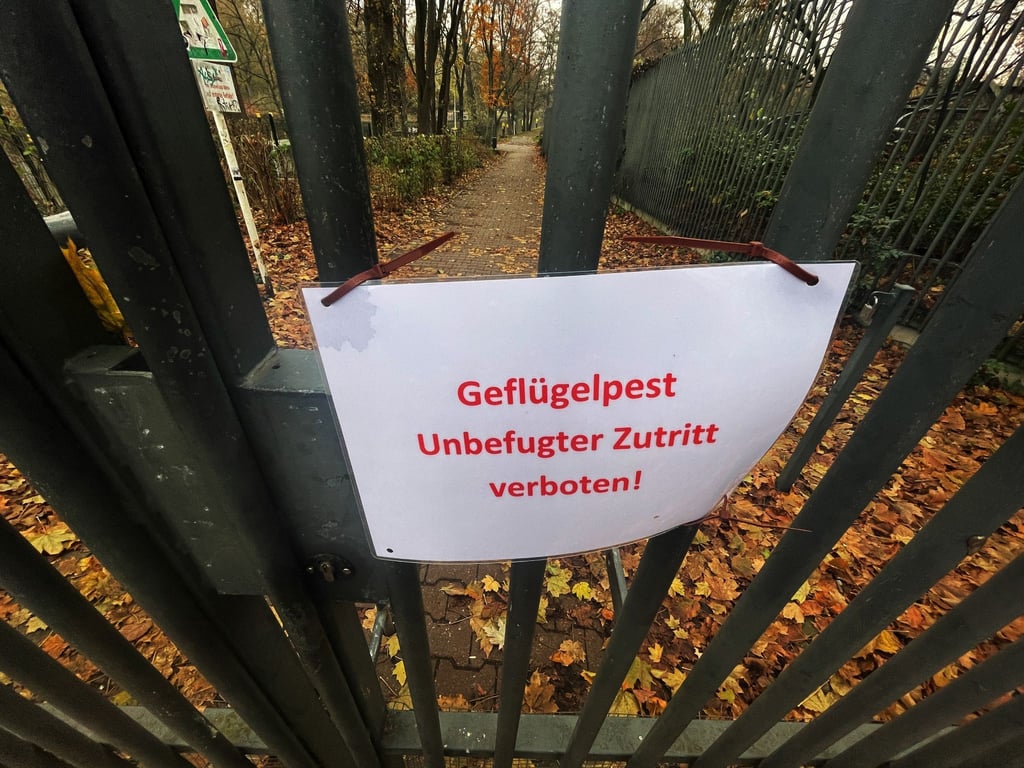 Ein Schild mit der Aufschrift "Gefügelpest. Unbefugter zutritt verboten!"