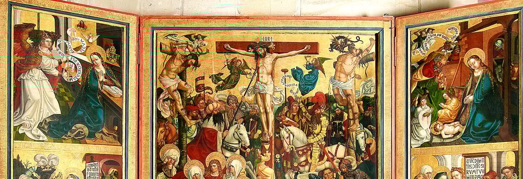 In Vergoldung und Malerei zeigt in Halberstadt der Rabhonaltar aus dem frühen 16. Jahrhundert die Szene der Geburt Jesu und die Anbetung der Könige.