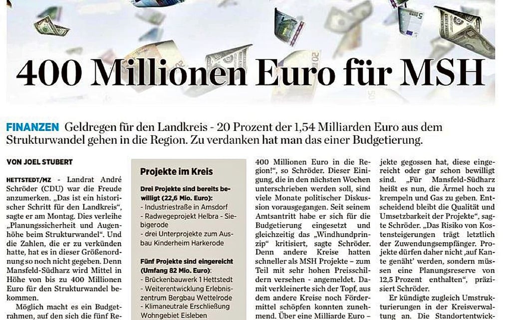 Am 11. Oktober verkündete die MZ diese Botschaft. Die 400 Millionen Euro setzen sich aus den zugesagten 309 Strukturwandel-Millionen und weiteren Fördermitteln zusammen.