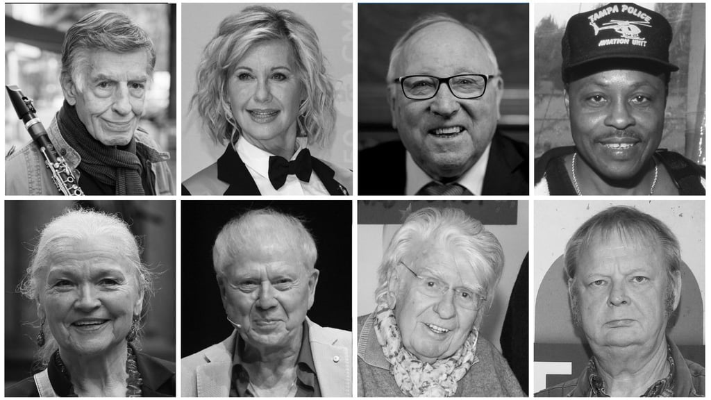 Zu den prominenten Todesfällen des Jahres 2022 gehören auch: o.v.l.: Rolf Kühn, Olivia Newton-John, Uwe Seeler, Roger E. Mosley; (unten v.l.:) Eva-Maria Hagen, Wolfgang Petersen, Heinz Behrens und Fritz Roth.