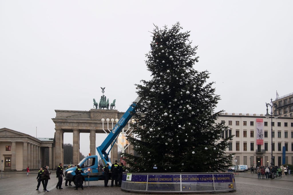 Zwei Aktivisten fuhren mit einem Hubwagen vor dem Tannenbaum, entrollten ein Transparent und entfernten dann die Spitze des Baums.