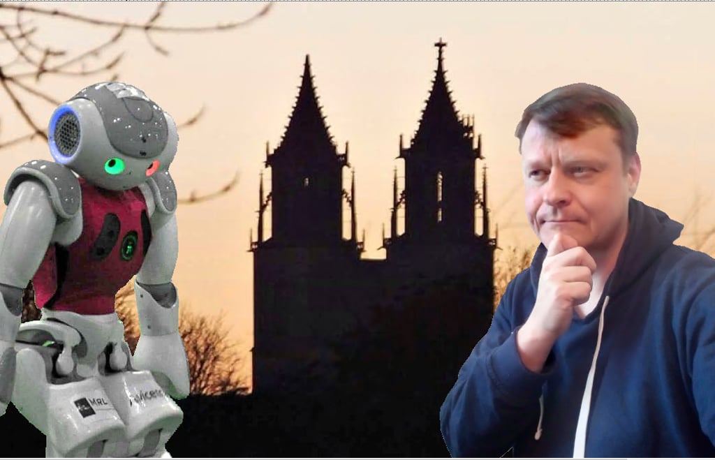 Kommt ein Roboter nach Magdeburg und erzählt einen Witz … Der Magdeburger Lokalredakteur Martin Rieß hat sich von einer künstlichen Intelligenz mehr oder minder gute Ideen zusammenfantasieren lassen. Übrigens: Model für diese Bildmontage stand ein Roboter von Robo-Cups, der nichts mit der hier beschriebenen Witze verfassenden künstlichen Intelligenz zu tun hat.