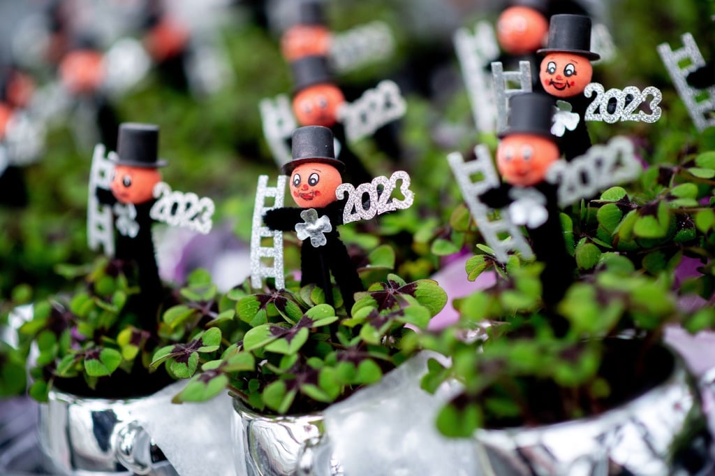 Kleepflanzen mit einem kleinen Schornsteinfeger und der Jahreszahl „2023“ in einem Gartenbaubetrieb.