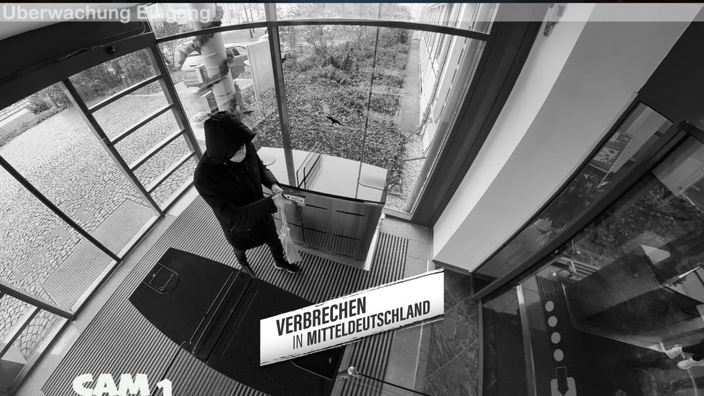Er kam mit Poncho und OP-Maske: Martin B. raubte 2021 eine Volksbank in Mücheln aus, eine Überwachungskamera filmte ihn. Die MZ hat die Szene nachgestellt.