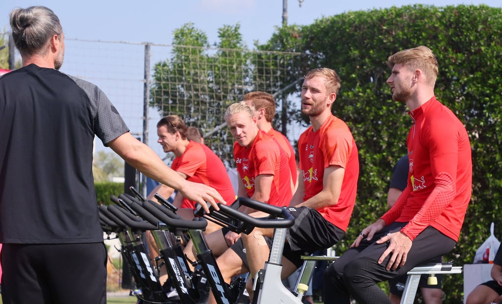 Schwitzen für den Restart der Saison: Timo Werner, Konrad Laimer, Xaver Schlager, Marcel Halstenberg, Örjan Nyland (v.r.)